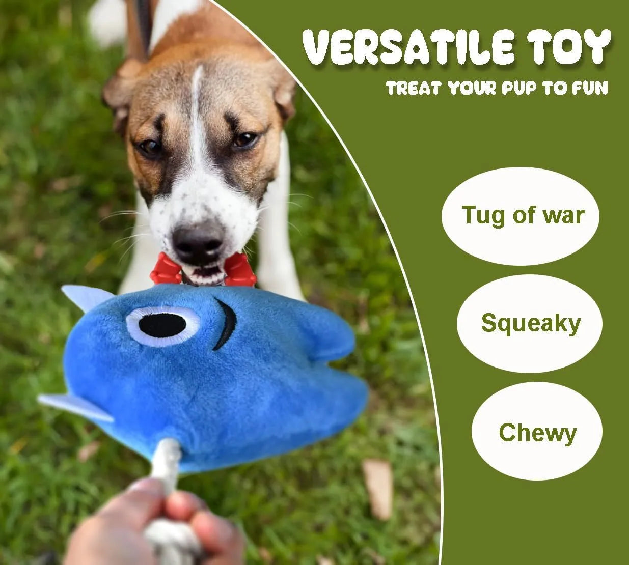 Blue and green plush dog toy with cotton rope sections and squeaker for chewing and tug-of-war