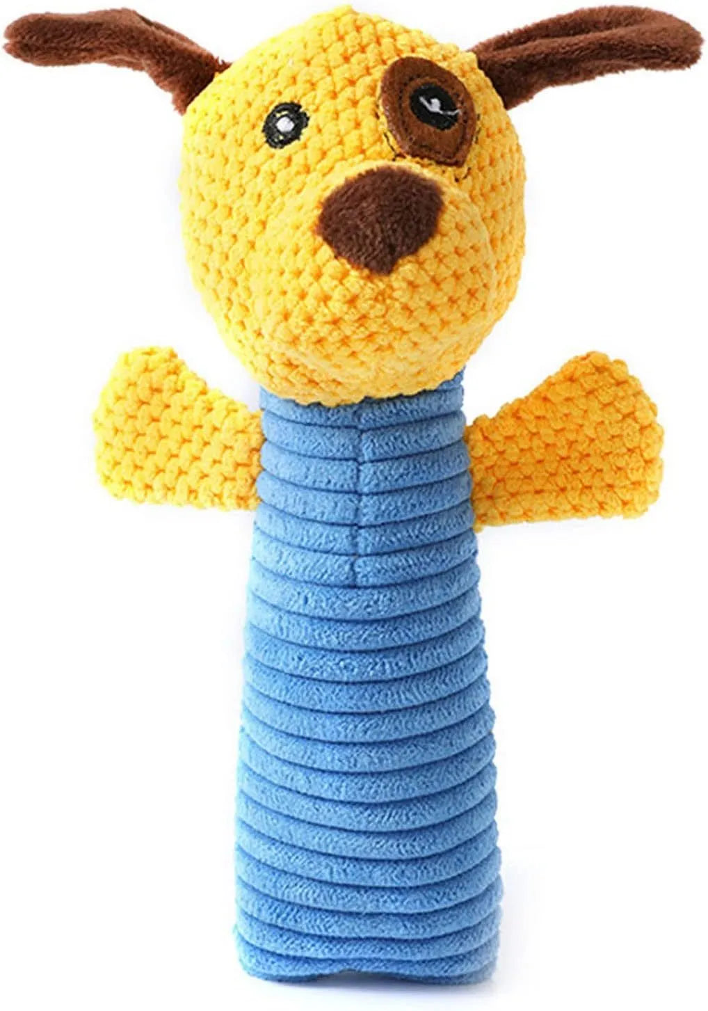 A cloth stuffed animal dog chew toy with a squeaker, shown next to a ruler measuring 19 cm in length.