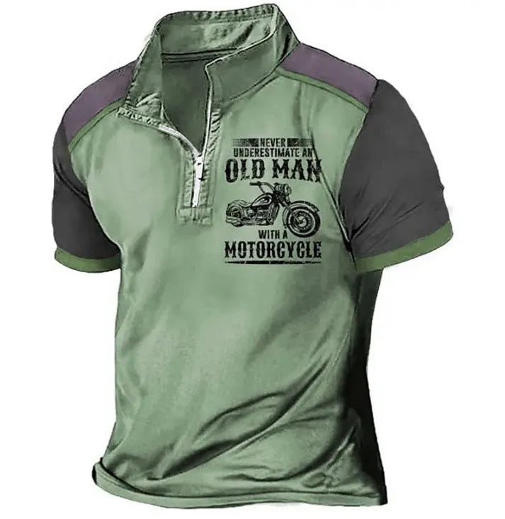 Men's grey casual polo shirt with a lapel collar and large white digital letter print on the front.