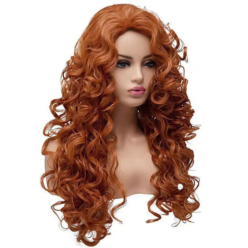 Brown long synthetic wig with tight, fluffy instant noodles-style curls for cosplay.