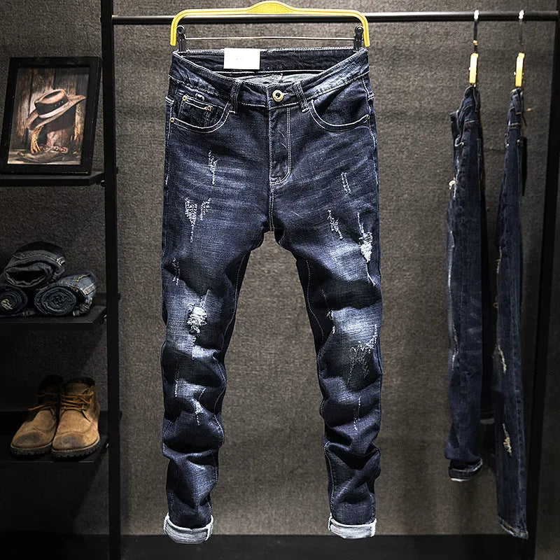Men's skinny fit jeans in dark blue cotton denim with micro elasticity and mid-waist design