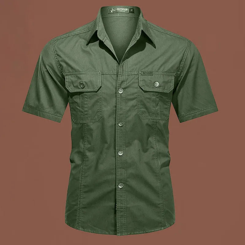 Men's loose fit cotton short sleeve work shirt in cardigan style on a hanger