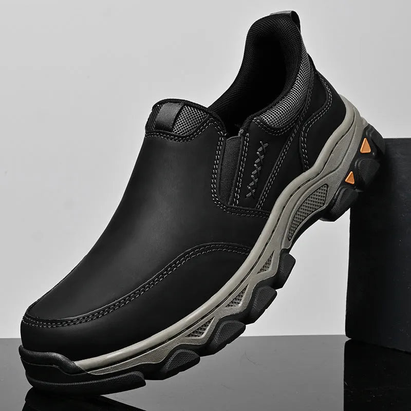Men's casual shoes with rubber soles and PU upper in dark brown, black and grey colours