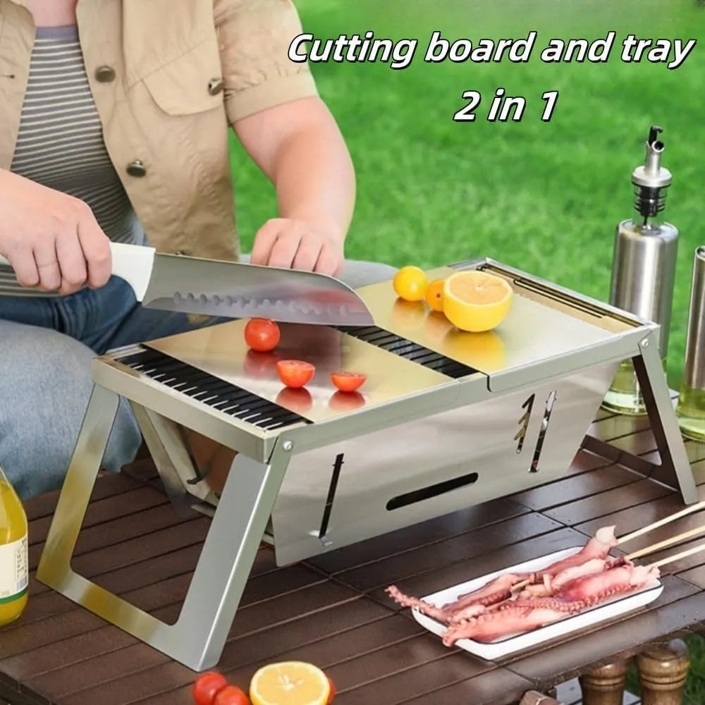 Small portable charcoal grill shown in a folded position for compact storage.