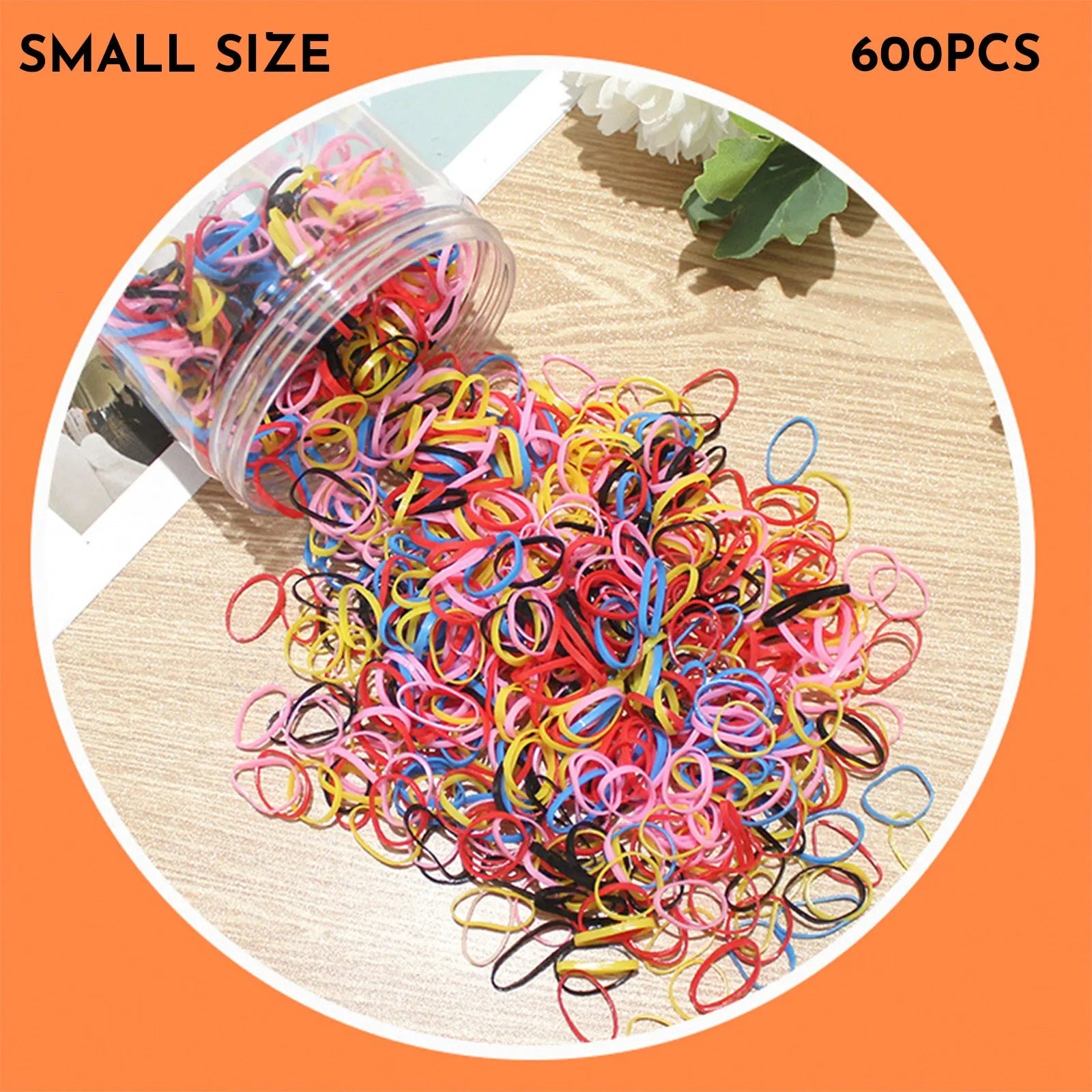Assortment of colourful thin TPU baby hair ties in a clear reusable plastic container.