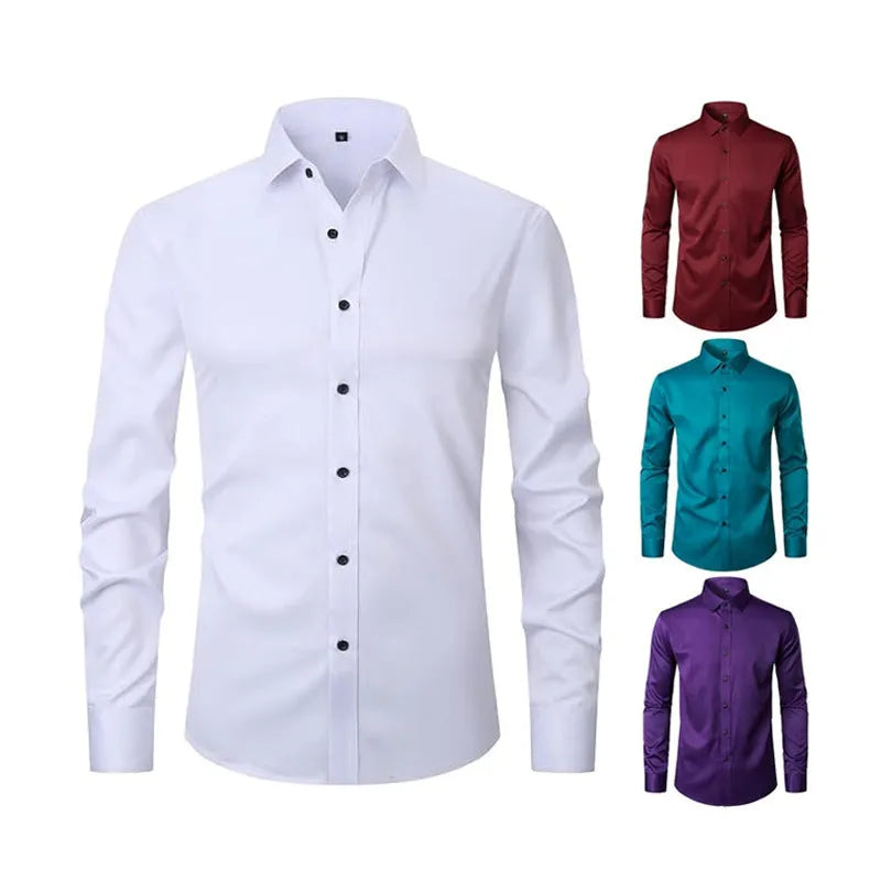 Men's long sleeve polyester stretch work shirt shown in multiple colour options