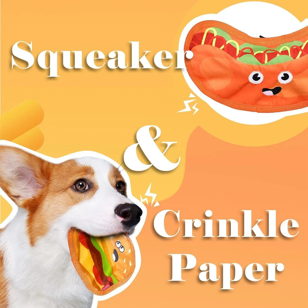 Food-shaped dog chew toys including hamburger, fries, hot dog and pizza designs with crinkle and squeak features