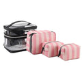 Pink bold stripes flower pattern synthetic leather waterproof folding makeup bag