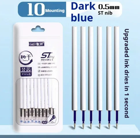 Quick-drying ballpoint pen refill with 500m writing length in black, red, blue, and ink blue colours.