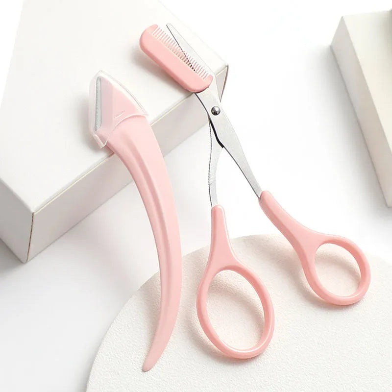 Curved moon eyebrow trimming knife with cutting comb in stainless steel and plastic construction