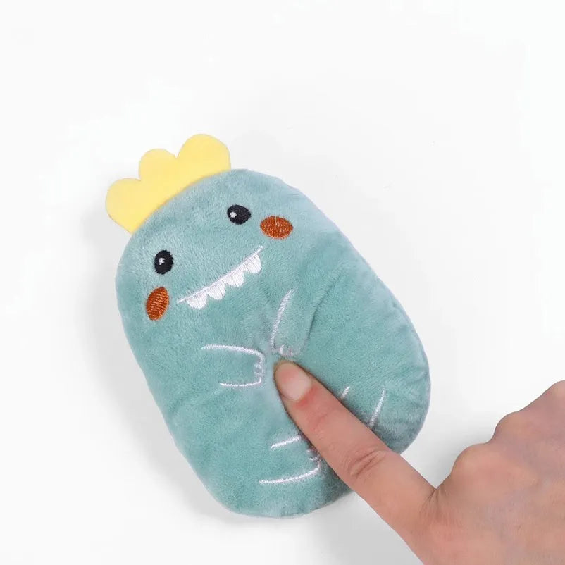 Small brown plush cat toy with a bite-shaped design for chewing and interactive play.