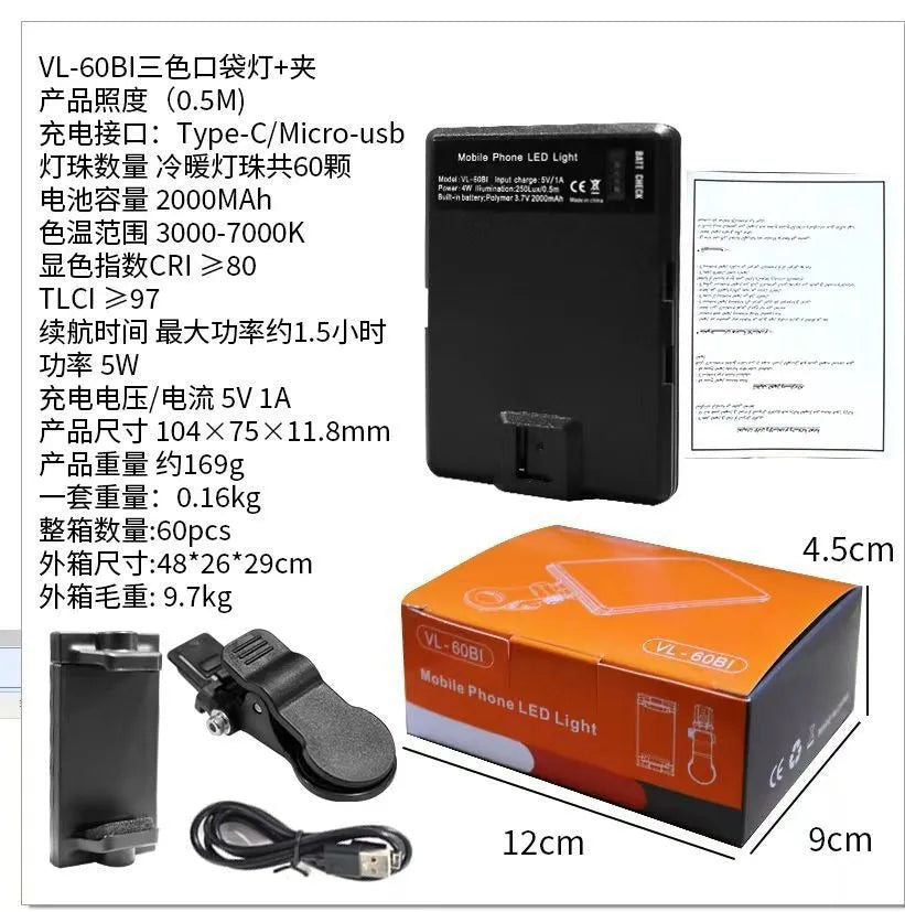 LED pocket fill light with clip attachment for mobile photography and broadcasting