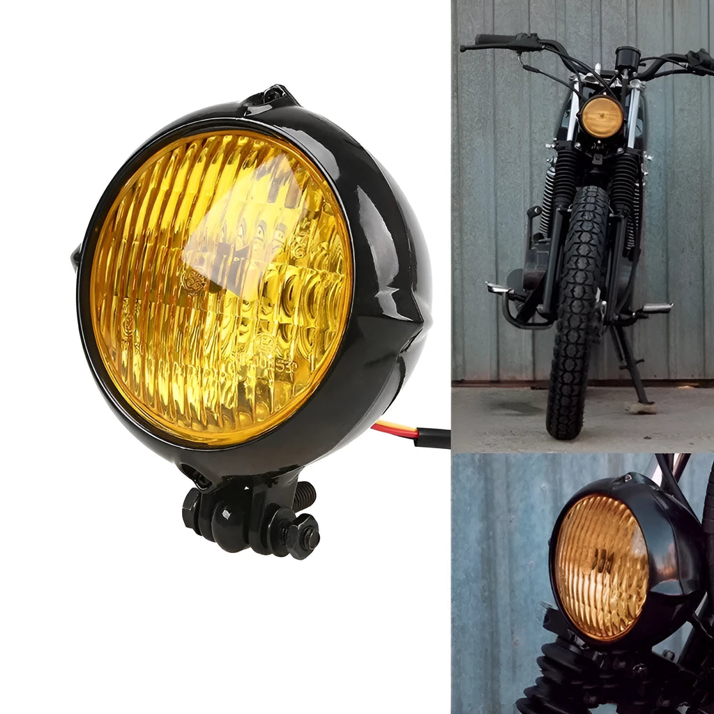 Black aluminium Harley retro headlight with 8cm diameter and yellow halogen bulb