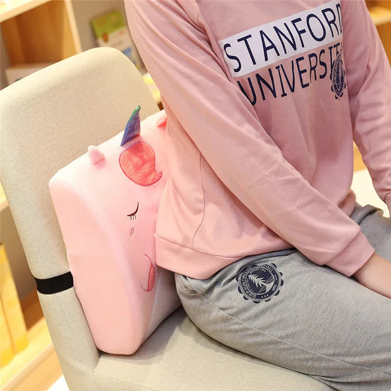 Cartoon anime memory foam seat back cushion with embroidery, shown in Pink Unicorn design.