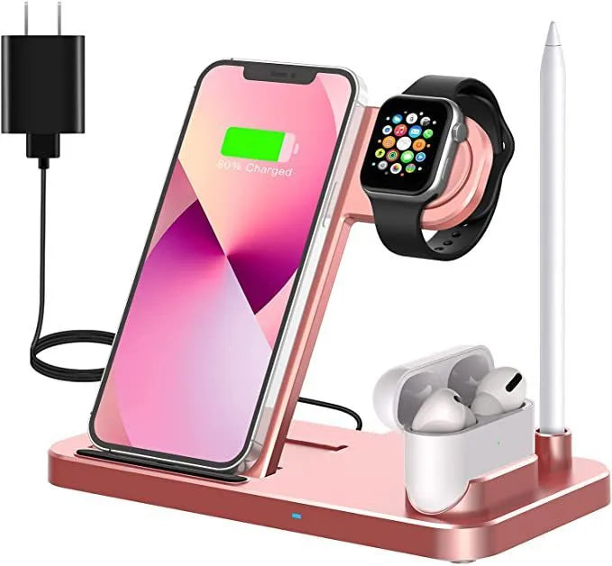 Folding 4-in-1 wireless charging station showing iPhone on vertical stand, Apple Pencil on magnetic spot, and two colour options.