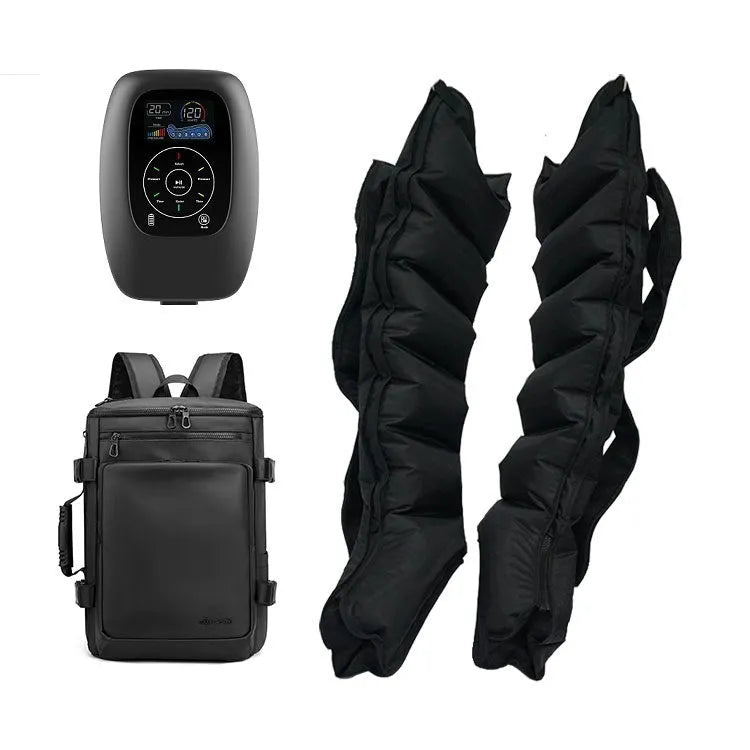 Air wave pressure massager unit with leg attachment, arm attachment, waist attachment, and handheld remote control.