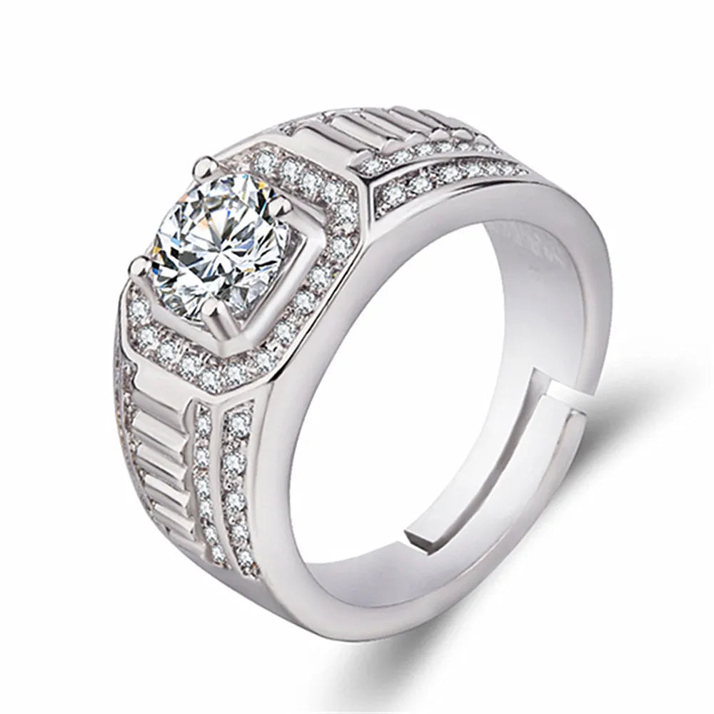 Men's square diamond ring with adjustable opening in gold finish on hand