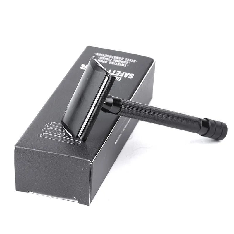 Traditional manual shaving razor with brush set in black or silver finish