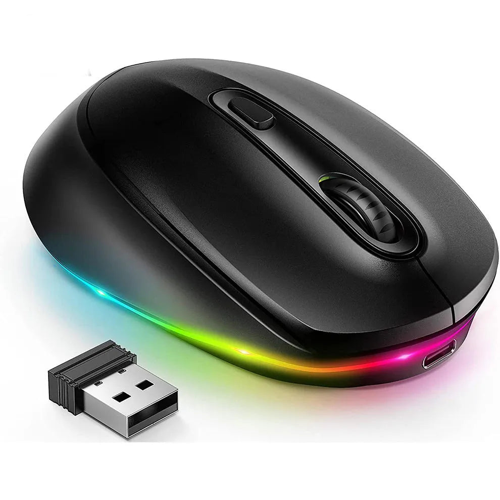 24g wireless optical mouse with USB charging cable on a desk