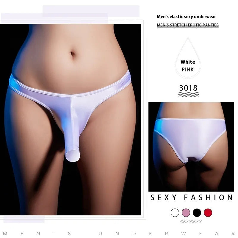 Men's low-waist T-back underwear in shiny nylon fabric, shown in multiple colour options.