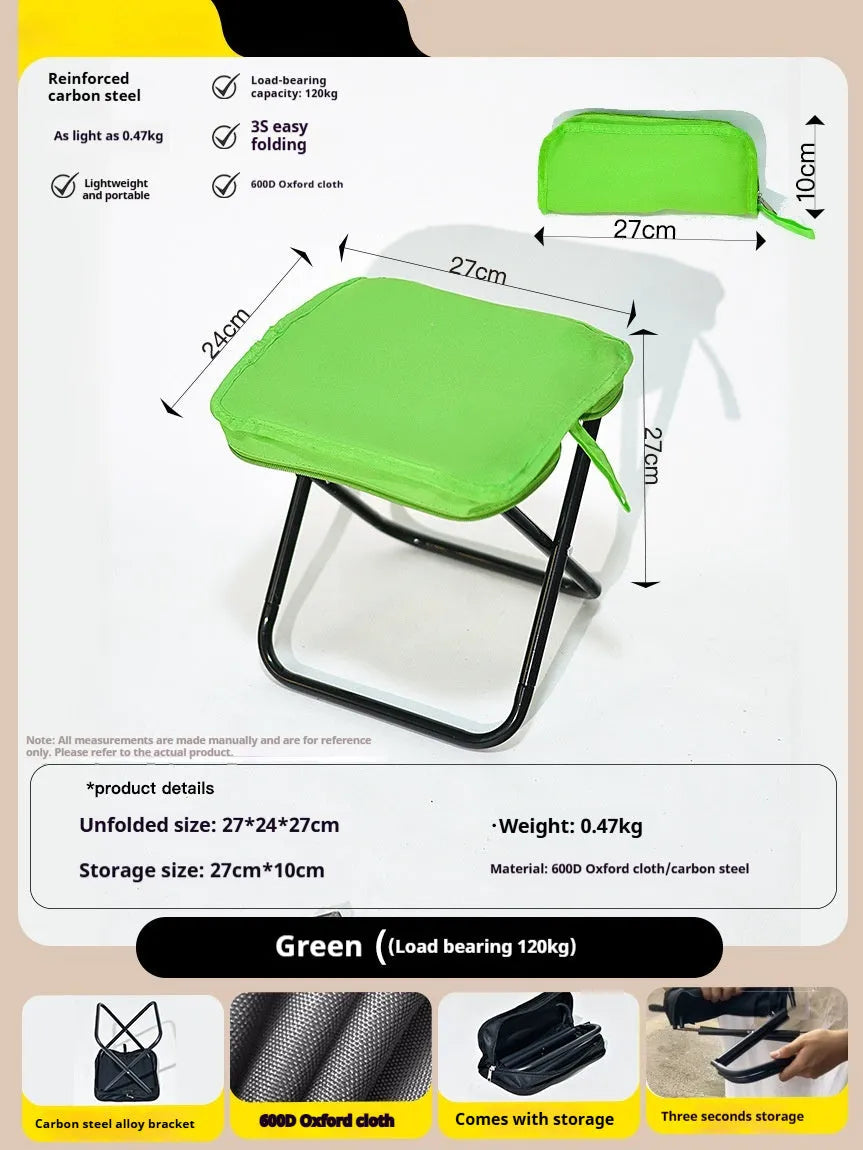 A folded lightweight camp stool in oxford cloth, shown in one of six available colours: black, blue, green, khaki, khaki red, or yellow.