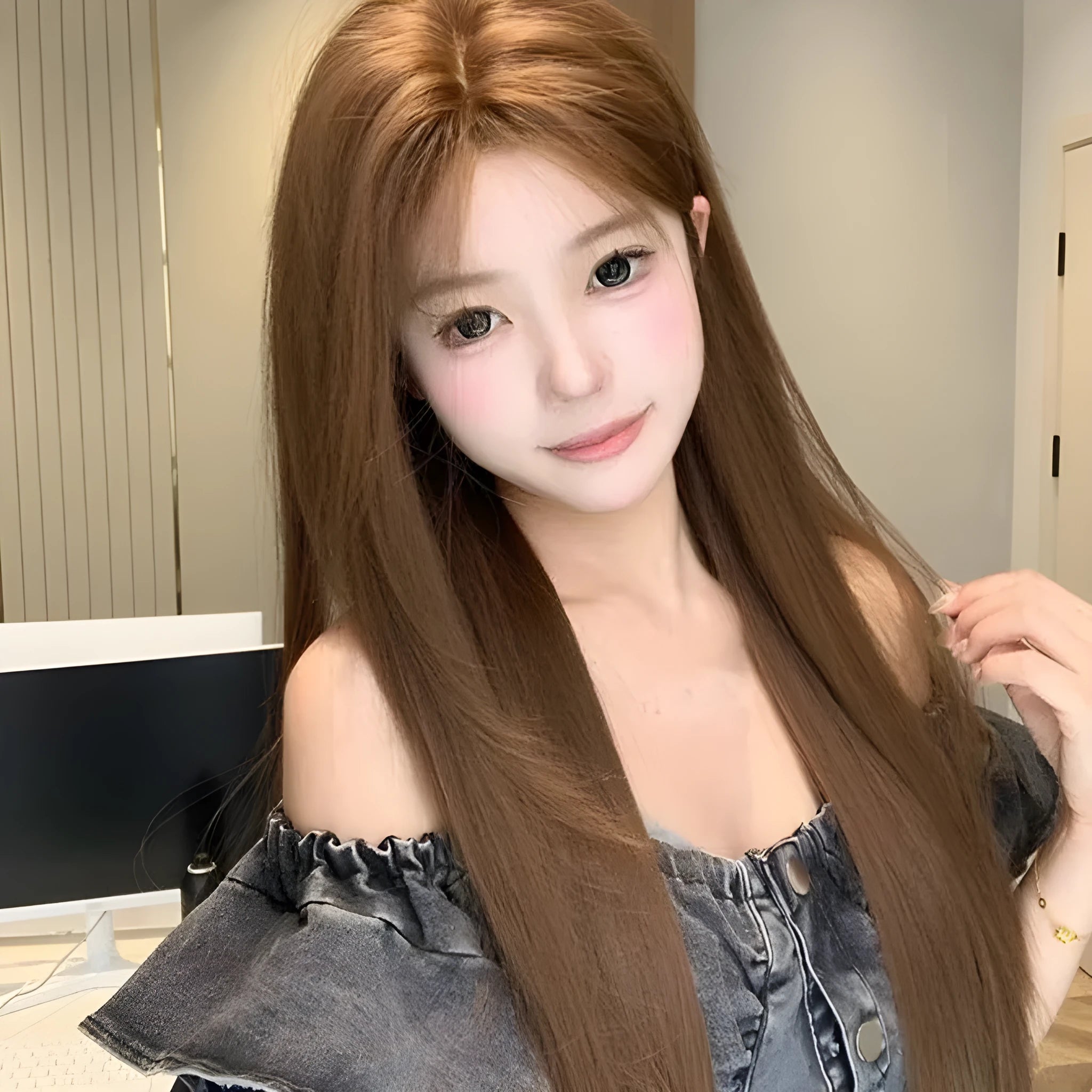 Centre-parted lace front wig with forehead lace and long straight hair in warm brown