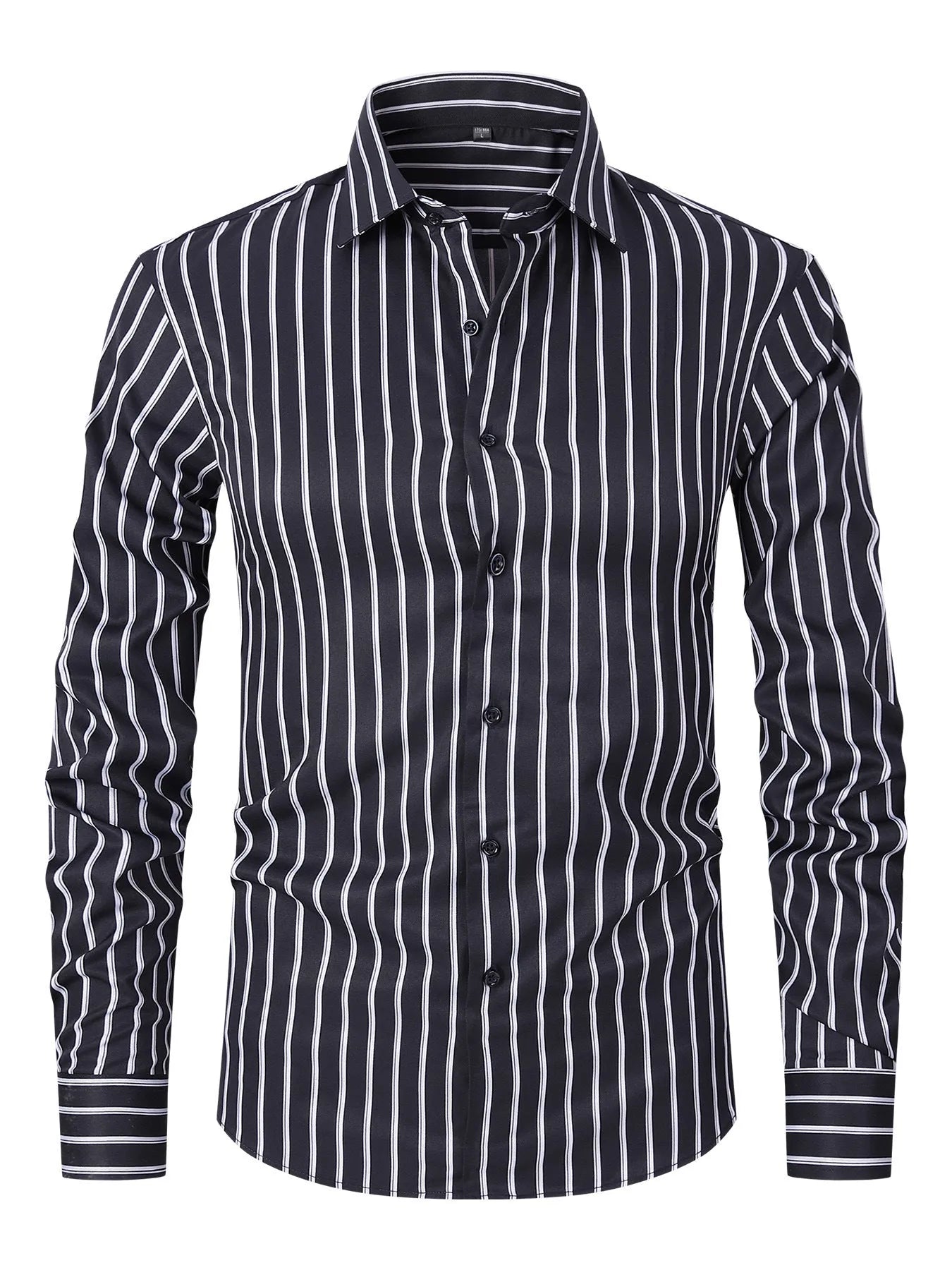 Men's striped ice silk polyester business shirt with slim fit on Asian mannequin showing XXS to XL sizing