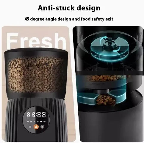 Black intelligent pet feeder with LCD screen showing feeding schedule and portion settings