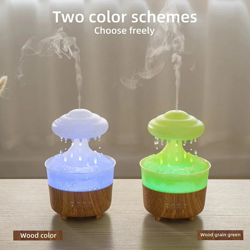 Wood grain white rain cloud shaped ultrasonic humidifier and essential oil diffuser with LED night lights.