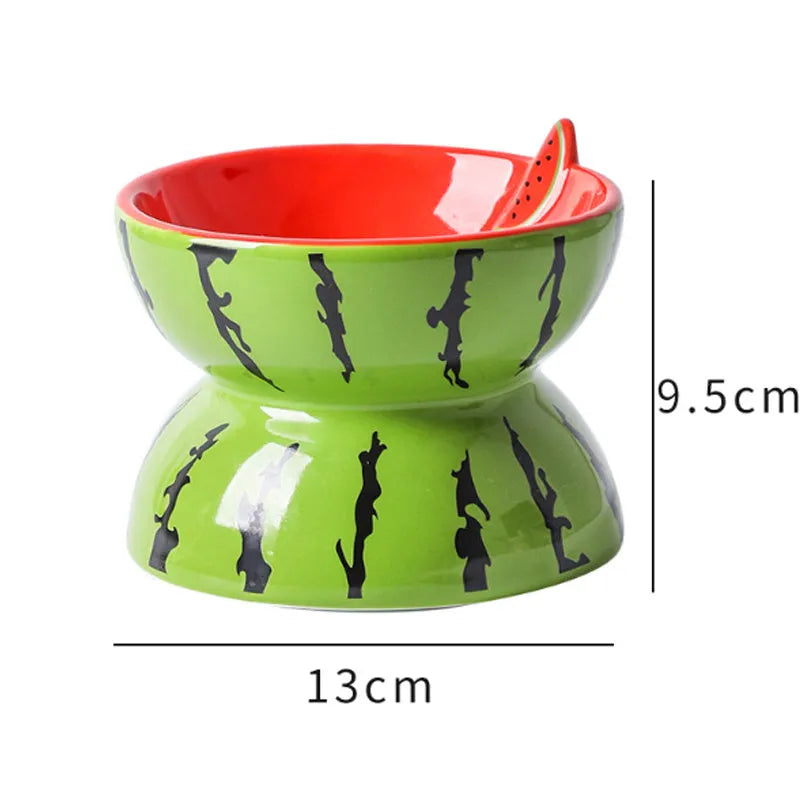 Ceramic raised cat bowl with tilted angle and fruit pattern