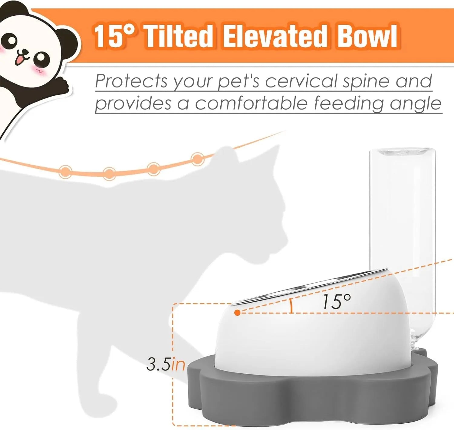 Grey elevated pet feeder with tilted stainless steel bowls and a panda-shaped automatic water bottle for cats and small dogs.