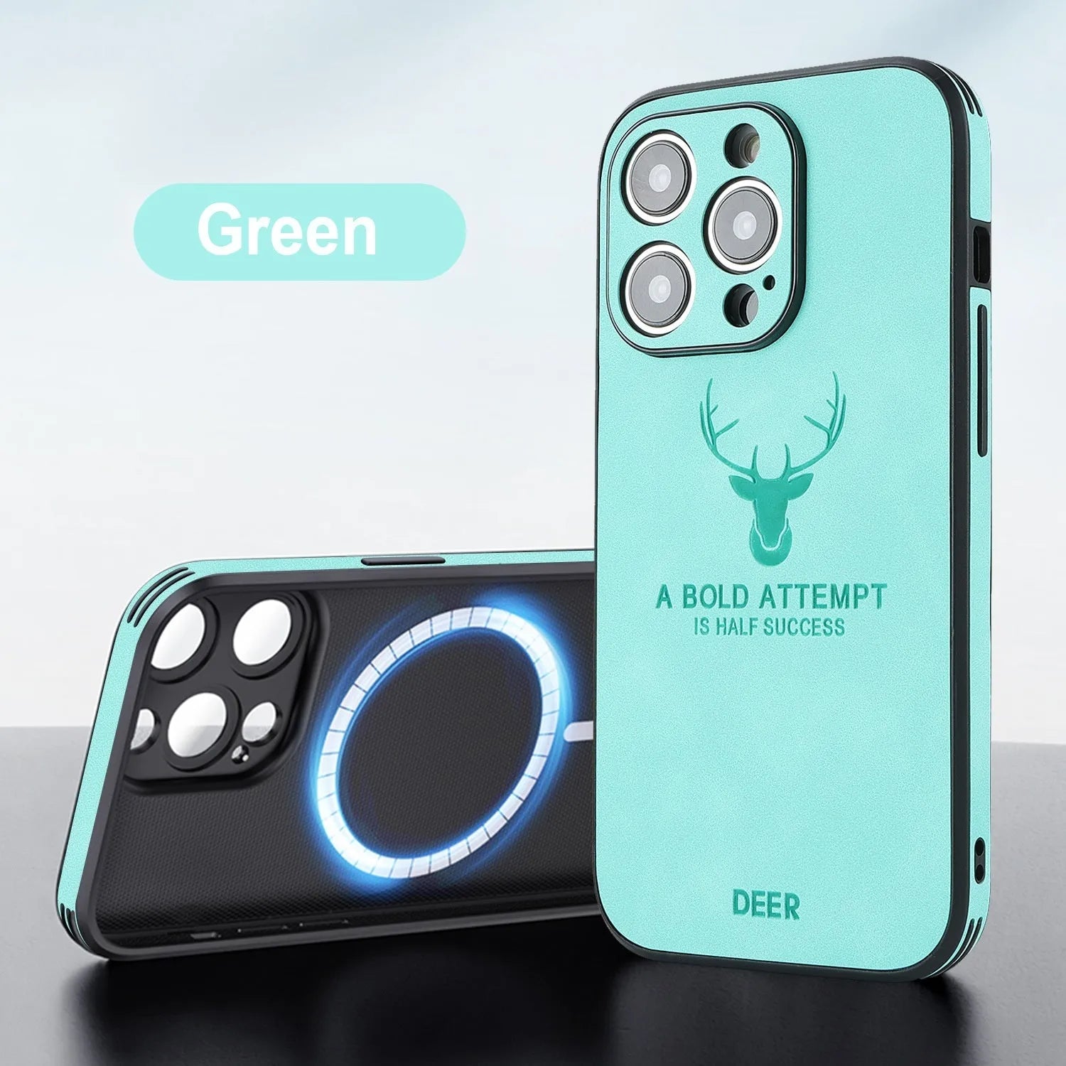 iPhone 16 magnetic charging case with embossed moose head design in imitation leather material, showing front and back views