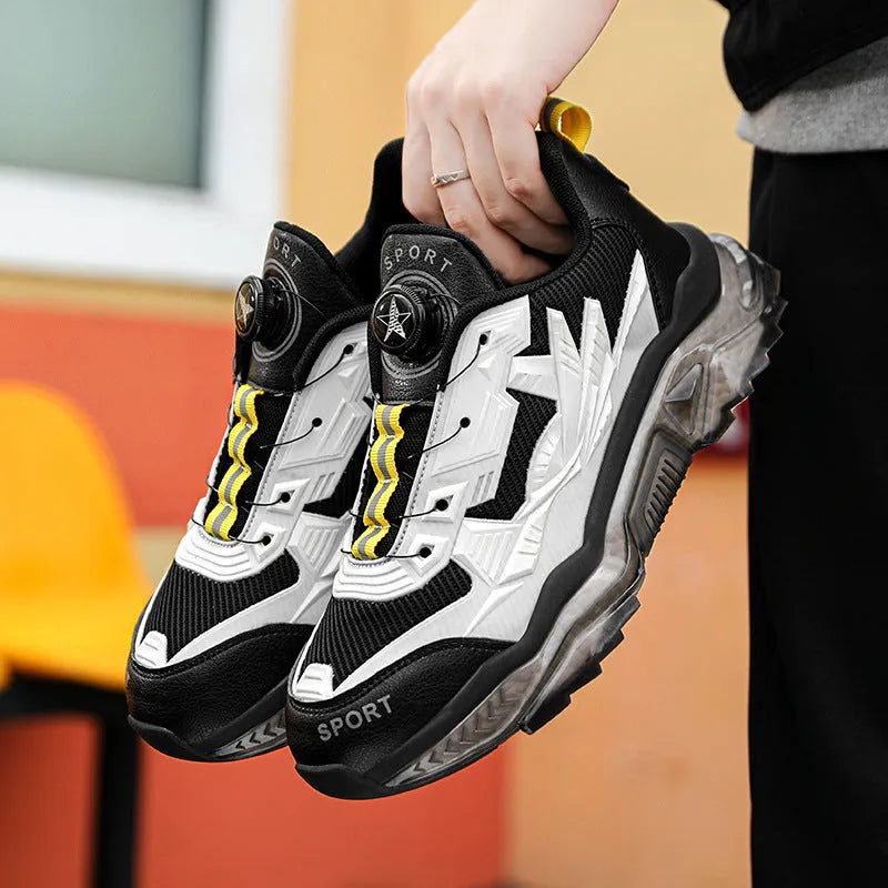 Men's black rotating button dad shoes with mesh upper and rubber platform sole