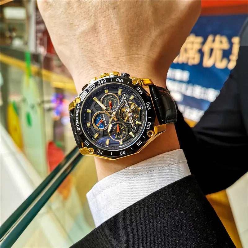 Men's automatic mechanical watch with stainless steel case on wrist, showing multi-functional dial.