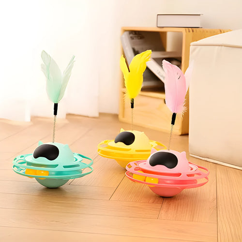 17cm diameter rotating cat toy turntable with ball attachment in pink, blue, yellow, and white colour options