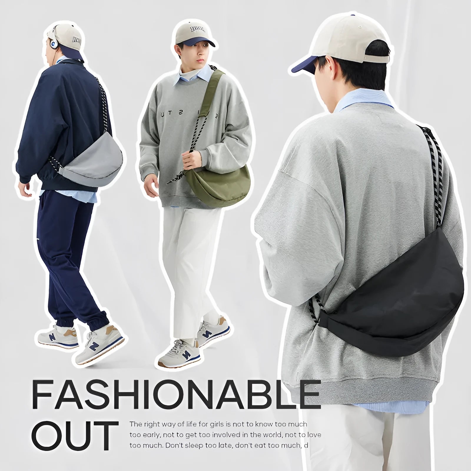 Men's lightweight nylon messenger bag in solid colours with large capacity for commuting and exercise