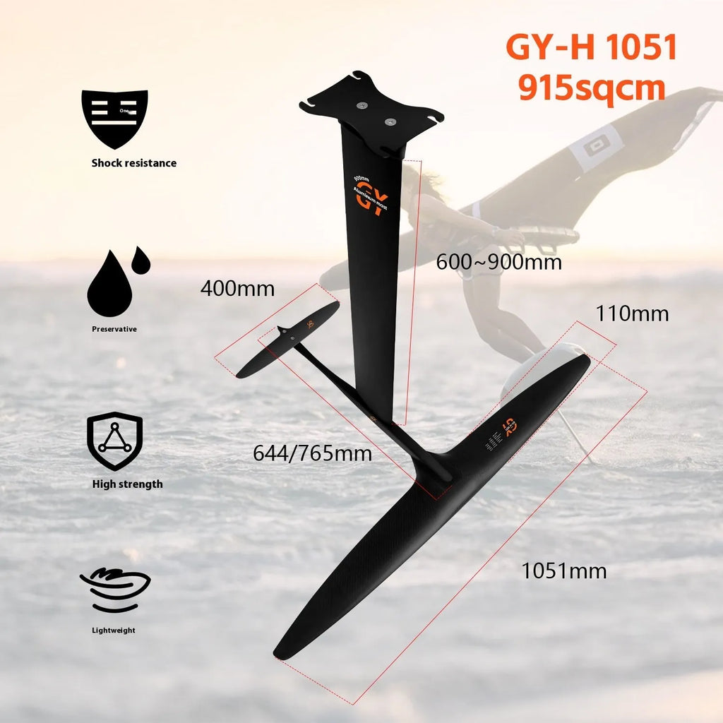 Black carbon fibre and aluminium racing hydrofoil for surfboards with a large front wing.