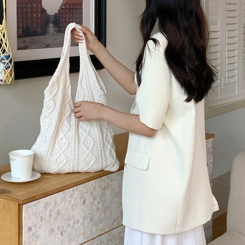 Women's retro crochet shoulder bag in solid colour with double straps and polyester lining
