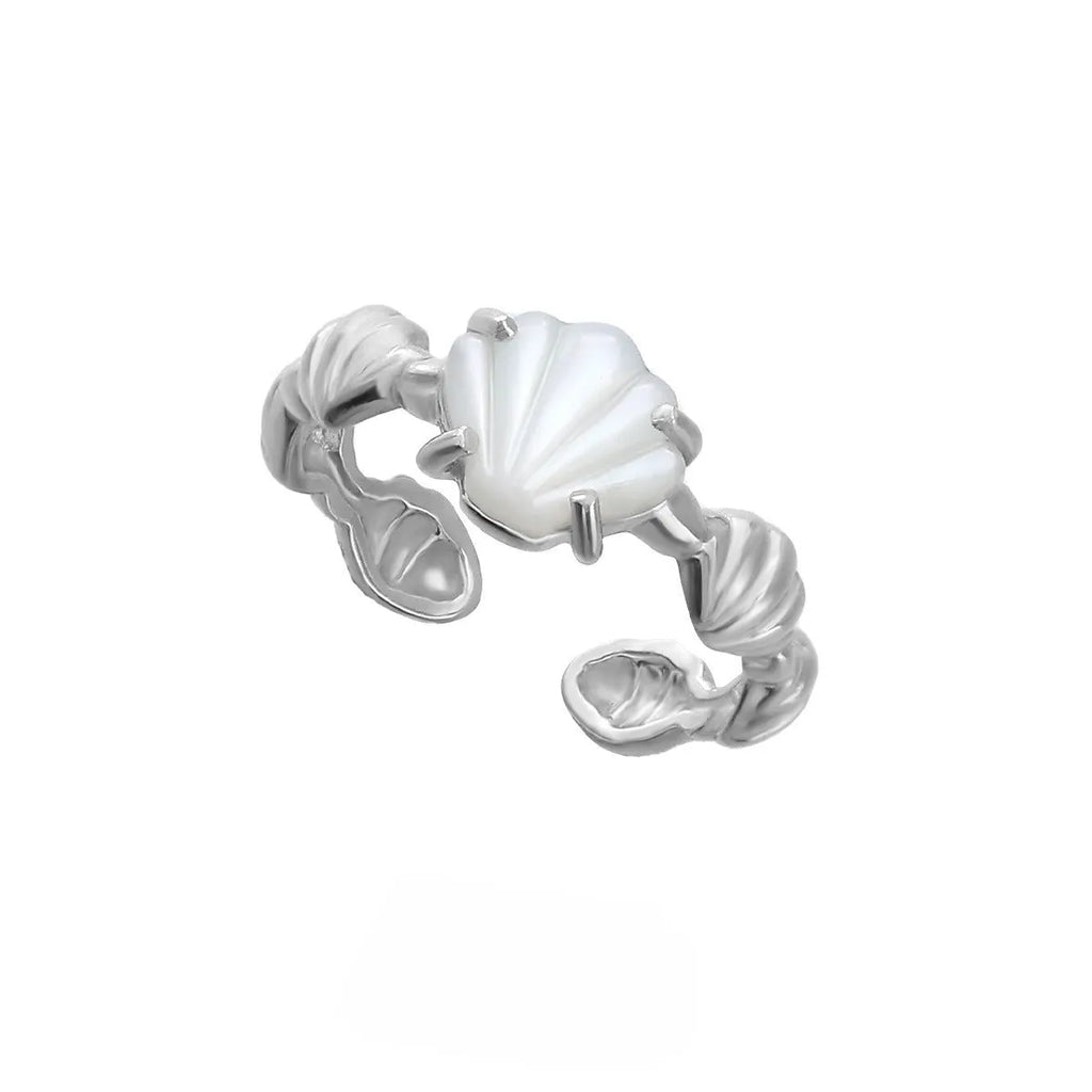 Silver adjustable ring with shell white tiger eye stone and electroplated gold finish