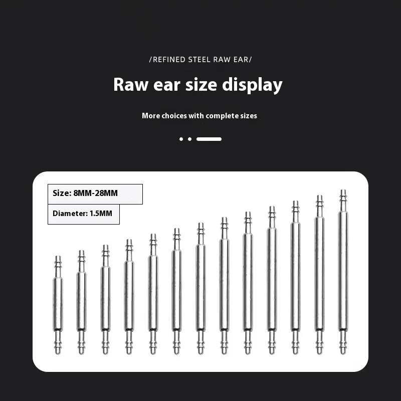 Watch bolt auricular needle spring shaft for repair, available in sizes 21mm to 26mm.