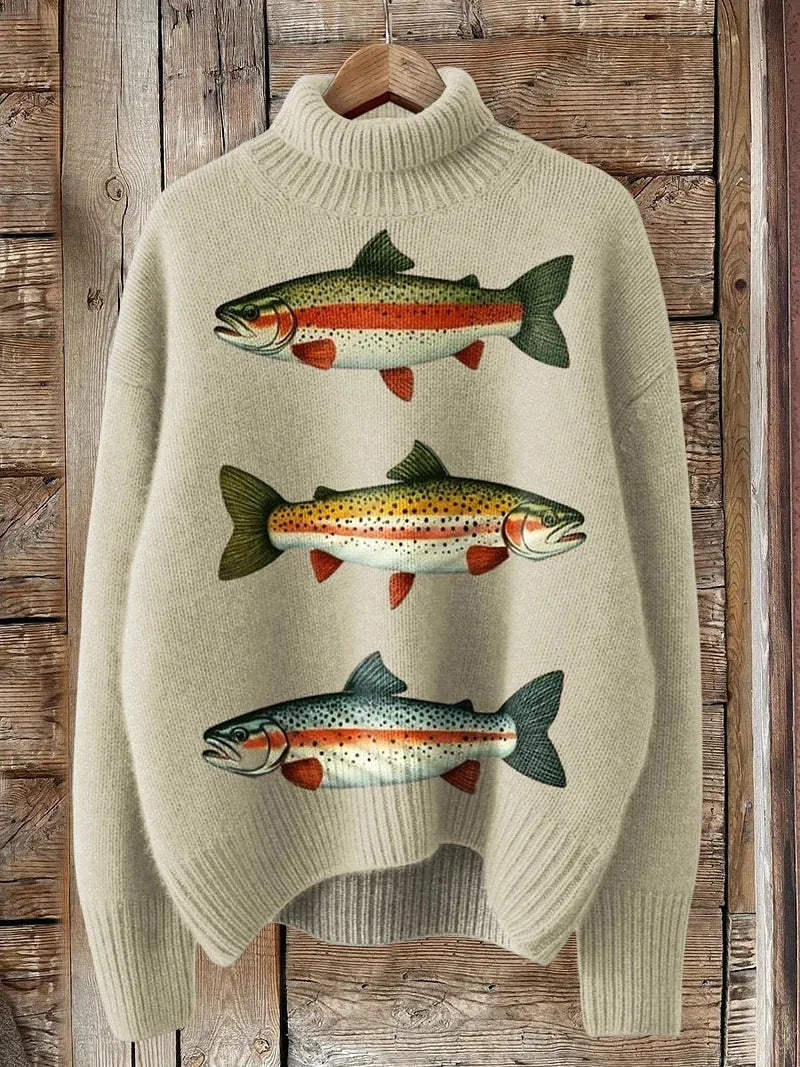 Women's Christmas printed turtleneck sweater in loose fit pullover style with long sleeves
