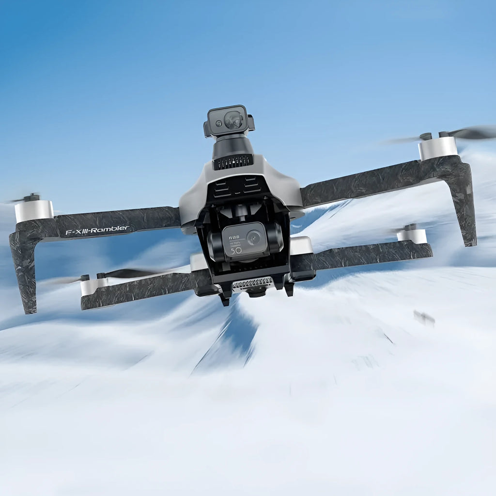 White folding quadcopter drone with camera and propeller guards on a remote control.