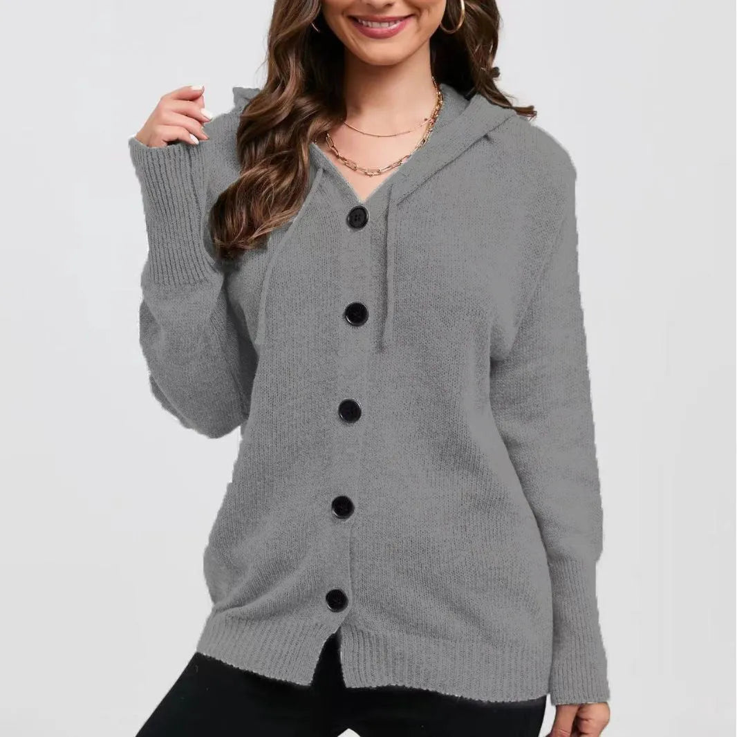 Women's thick cotton hooded cardigan sweater in loose fit solid colour
