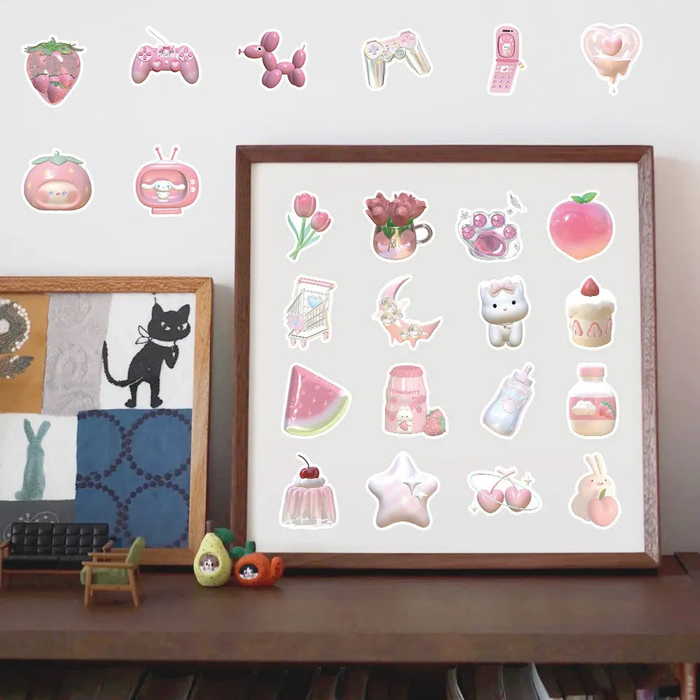 Pink girly heart decorative stickers pack with 63 pieces, showing 3D realistic effect in a cute style.