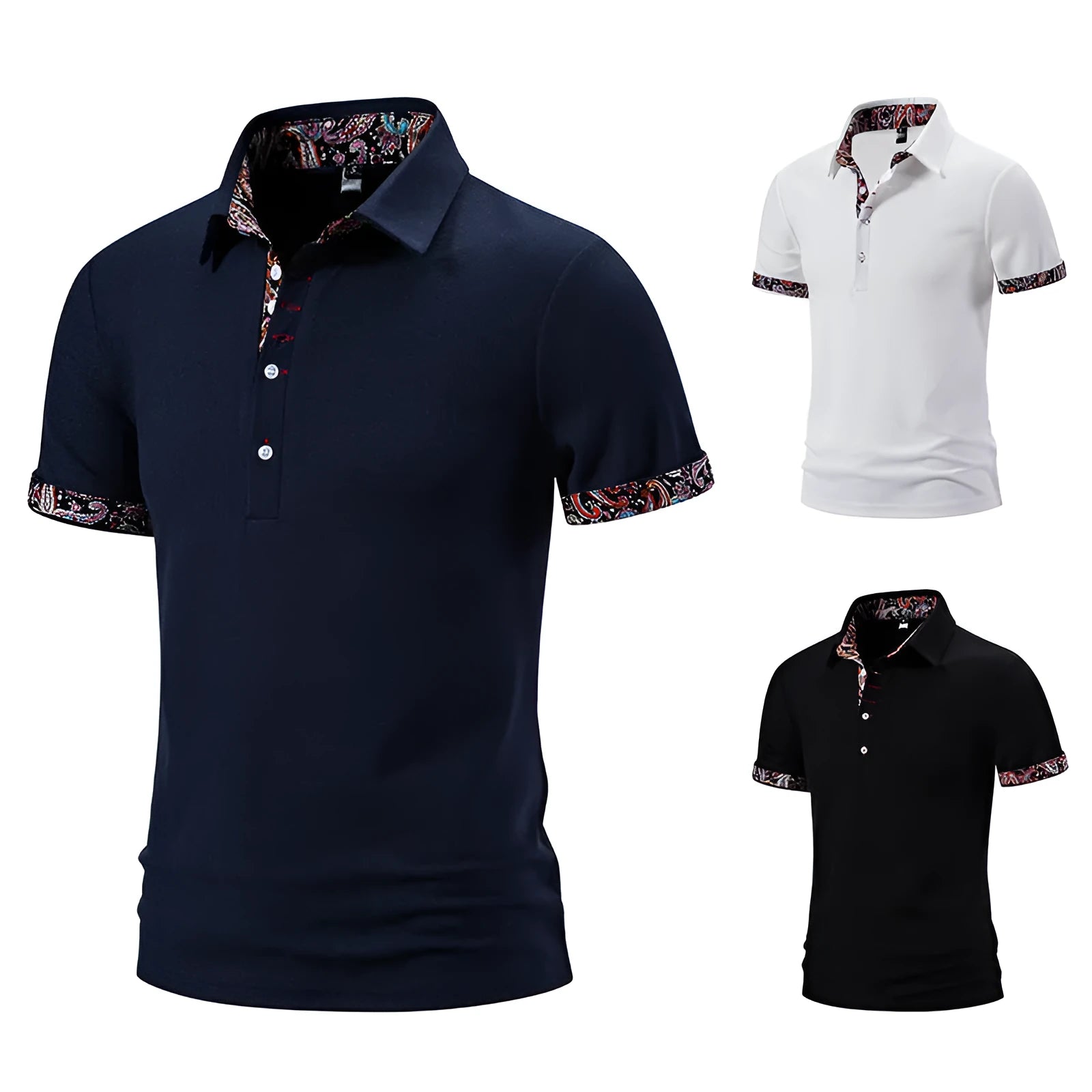 Men's cotton blend polo shirt with colour stitching on turnover collar in white, black, navy blue options