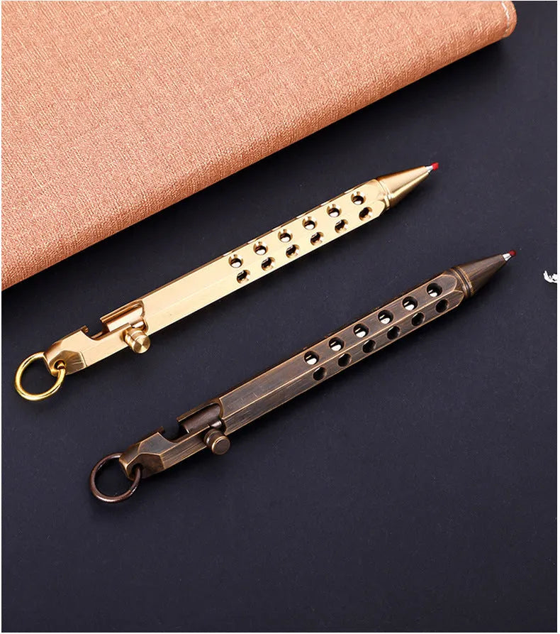 Brass hexagonal bolt-action rollerball pen with six-faceted barrel and 0.5mm tip