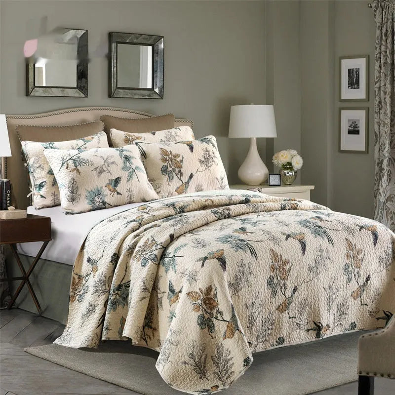 Pure cotton quilted bed cover set with printed pattern for 1.5-1.8 metre beds
