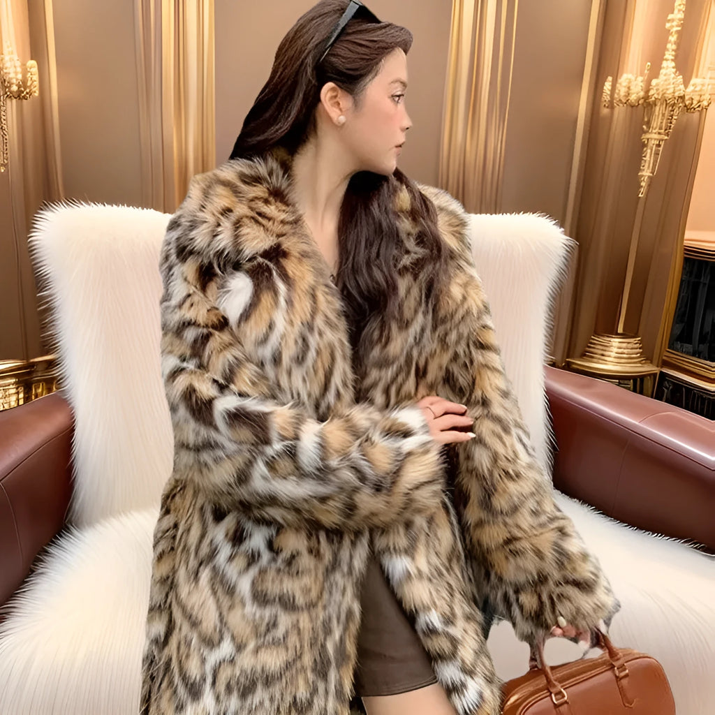 Women's faux fur coat with real fur collar in street fashion style