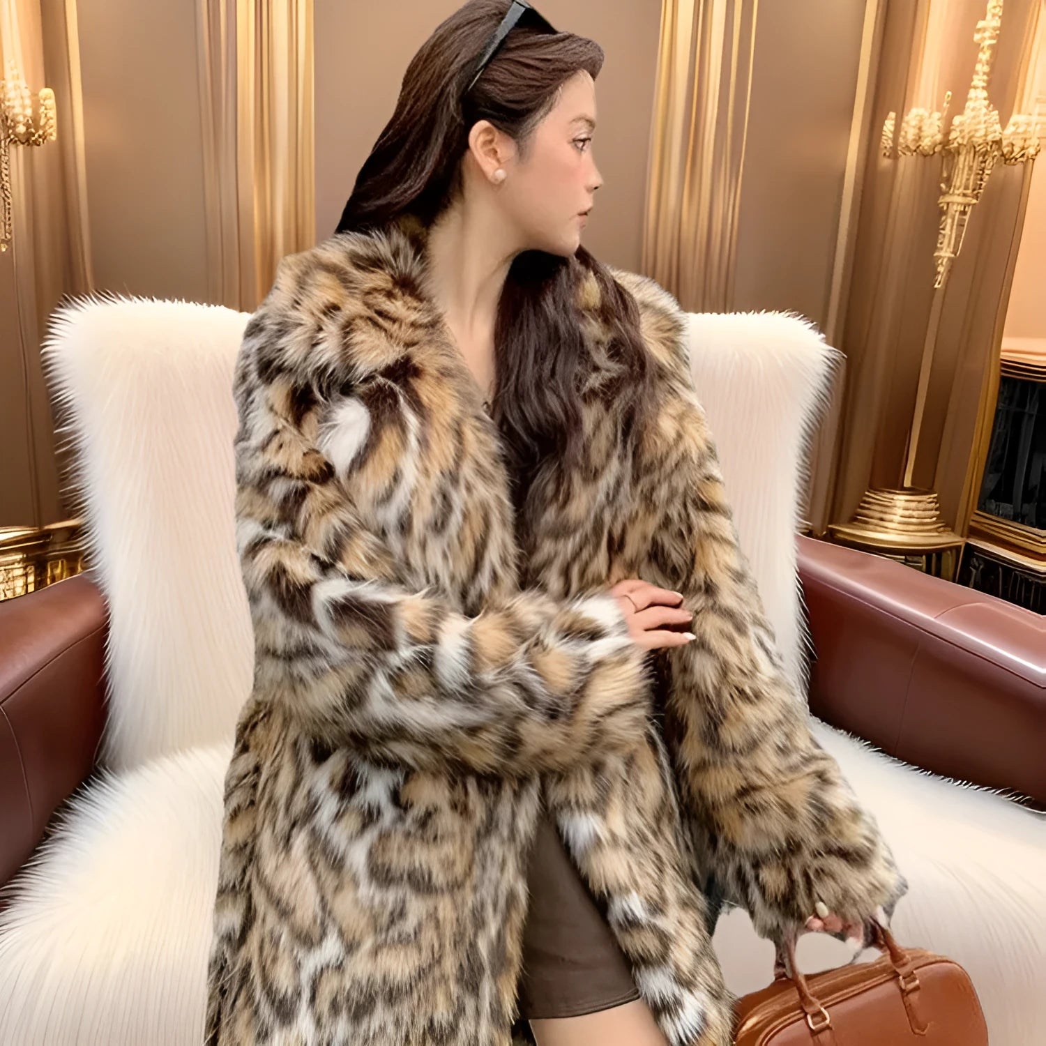 Women's faux fur coat with real fur collar in street fashion style