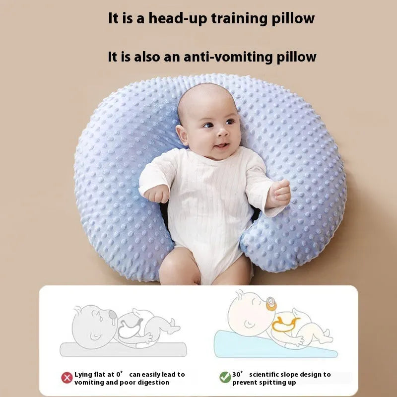 Nursing pillow with removable pillowcase in grey, light blue, pink, or yellow colours.